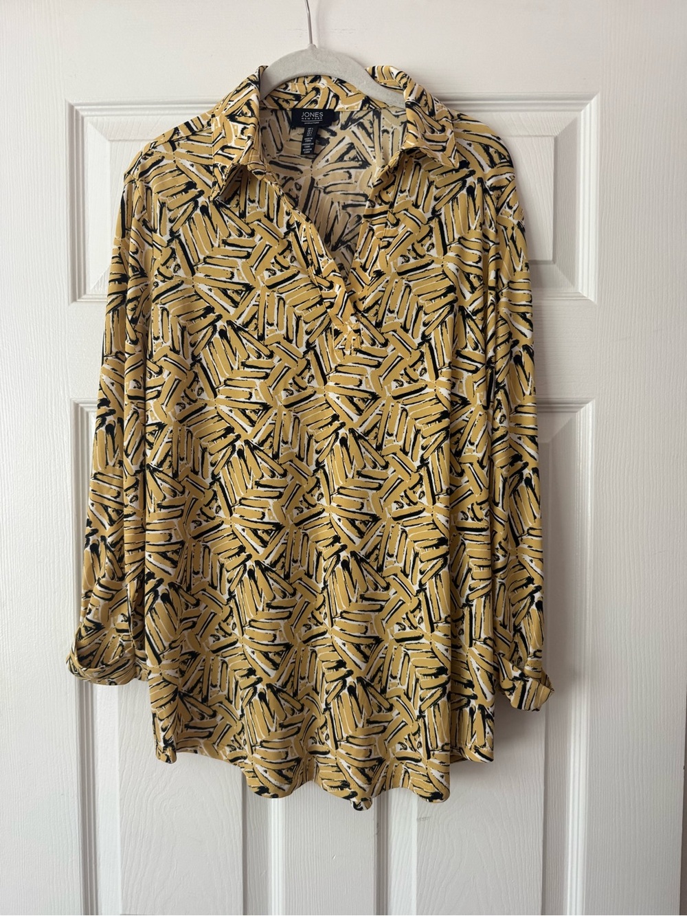 Jones New York Yellow and Black Geometric Collared Shirt